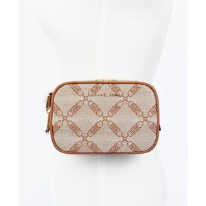 NWT Michael Kors Signature MK Logo Jacquard Belt Bag Canvas Cream/Tan Leather